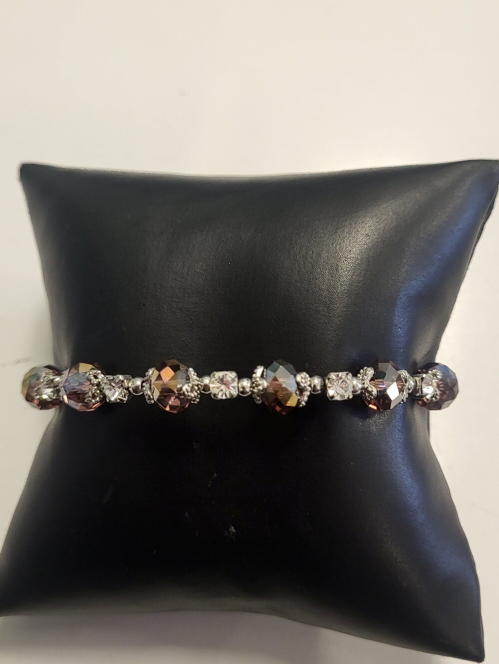 Crystal Cuff Bracelet With Brown Beads and Clear Gems